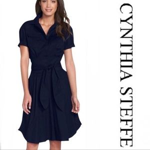 Navy blue Cynthia Steffe shirtwaist knee length dress bow tie belt fit n flare